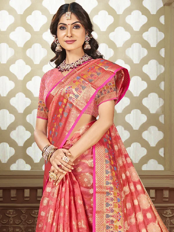 Women Pink Silk Saree With Un Stitched Blouse Feminine Puff Blouse