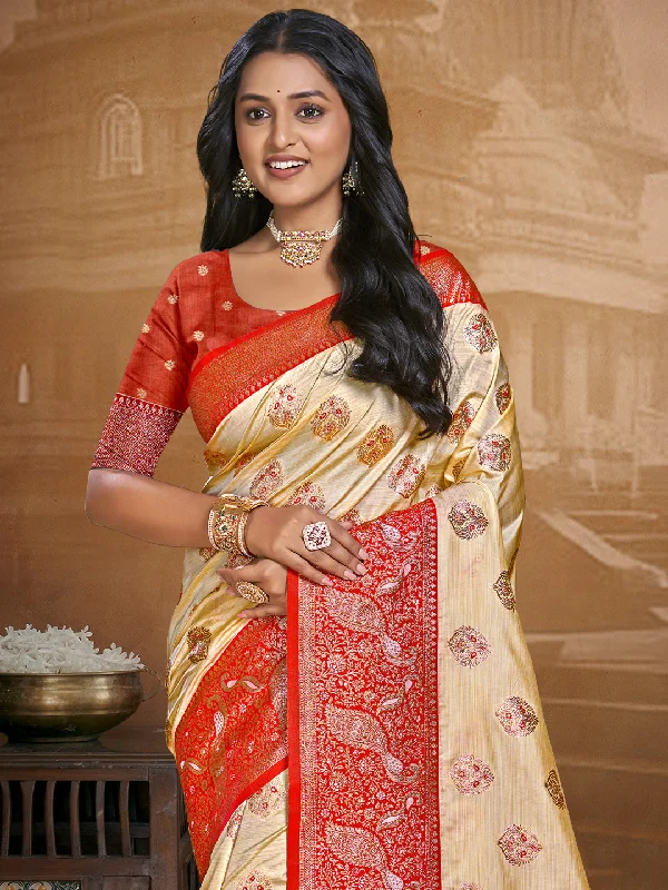 Women Beige Silk Saree With Un Stitched Blouse Drape Neck Blouse