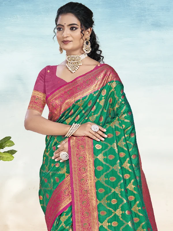 Women Green Silk Saree With Un Stitched Blouse Mandarin Collar Blouse