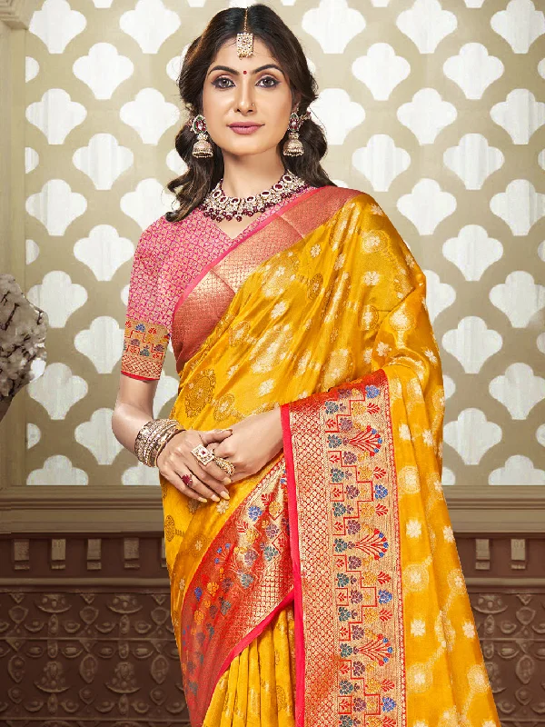 Women Yellow Silk Saree With Un Stitched Blouse Oversized Silk Blouse