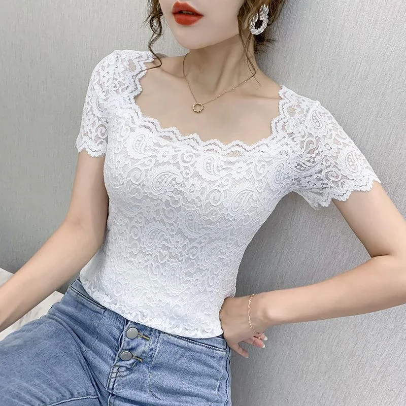 Wjczt Blouse Women Lace Top Women's Short-Sleeved Summer Square Collar Sexy Cutout Shirts Blusas Ropa De Mujer Elegant Peplum Blouse