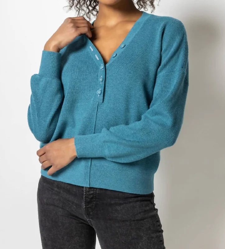 Easy Button Henley Sweater In Baltic Blue Herringbone Houndstooth Plaid