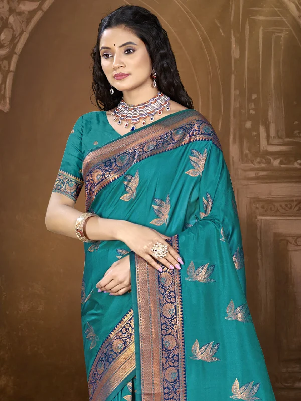 Women Sky Blue Silk Saree With Un Stitched Blouse Playful Puff Blouse