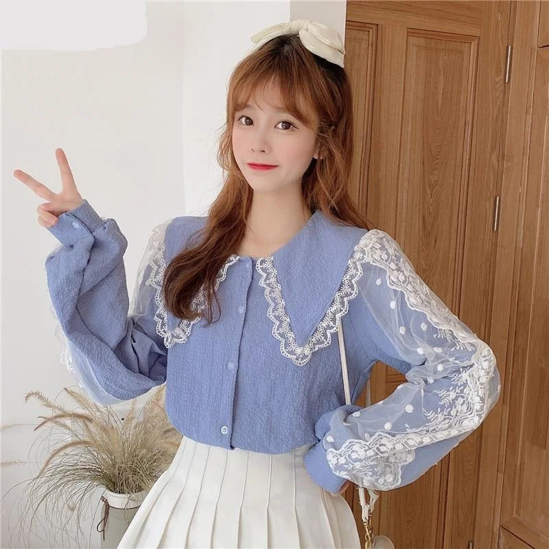 Wjczt Blouses Shirts Women Peter Pan Collar Lace Patchwork Sweet Elegant Lantern Sleeve Korean Style Autumn Students Vintage Fashion Office-Ready Blouse