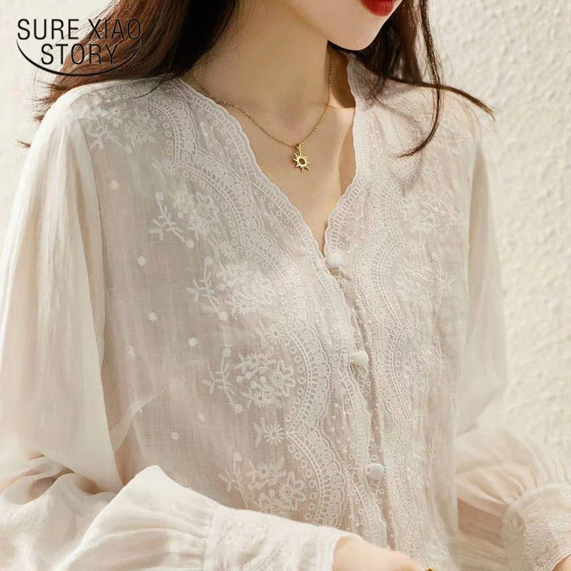 Wjczt French Embroidery Flower Lace Shirt Women's V Neck Sweet Long Sleeve Linen Blouse Women Autumn Loose Elegant Sunscreen Top 16108 Collared Satin Blouse