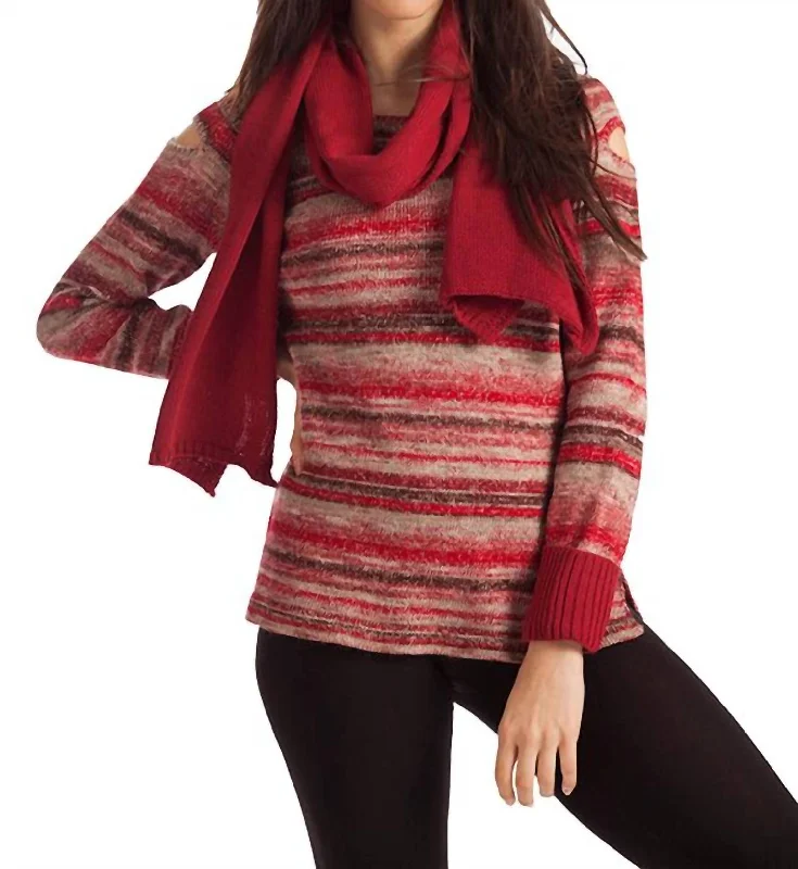 Bethany Striped Sweater W/ Scarf In Red Multi Mesh Fabric Canvas Fabric Denim Fabric