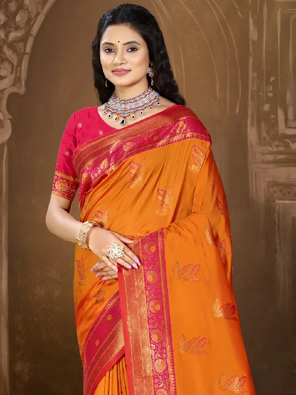 Women Orange Silk Saree With Un Stitched Blouse Loose Fit Blouse