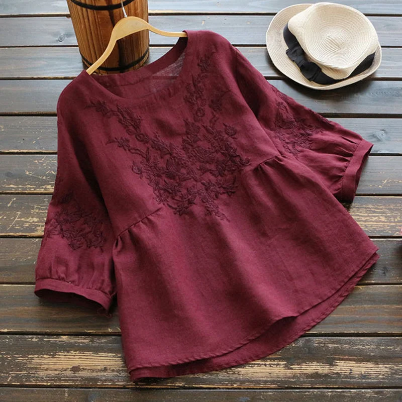 Wjczt Blouse Women Plus size Tunic Cotton Embroidery Blouse Shirts Ladies Tops O neck Casual Peter Pan Collar Blouse