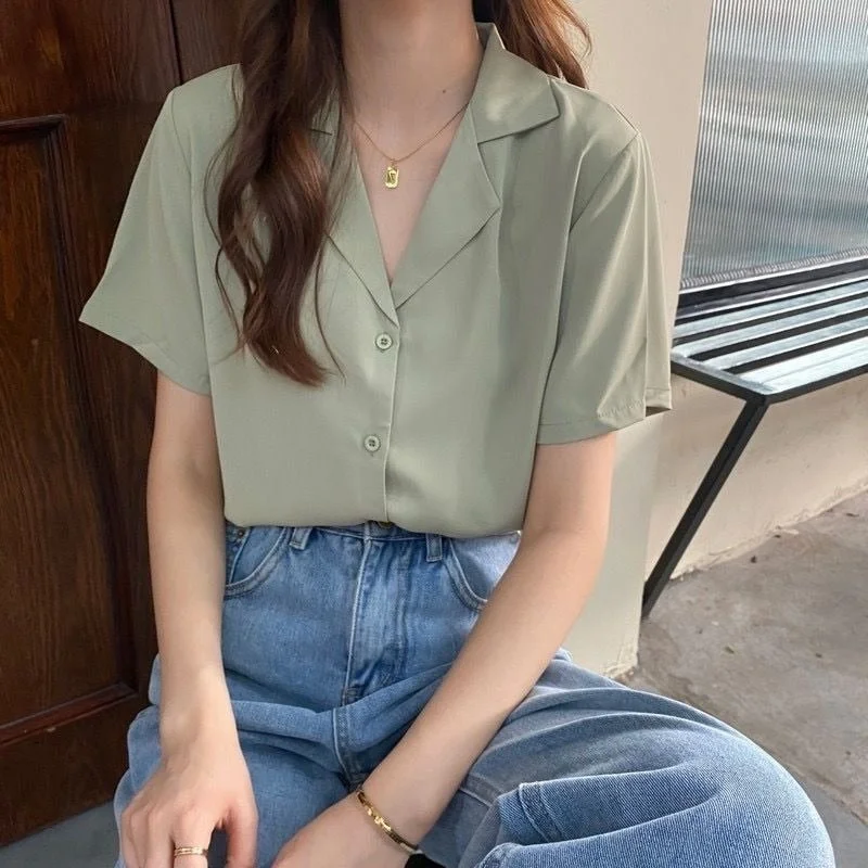 Wjczt Chiffon Blouse Elegant Light Green Top for Women Short Sleeve Shirt  Summer Top Office Blouse for Women Tunic Pleated Collar Blouse