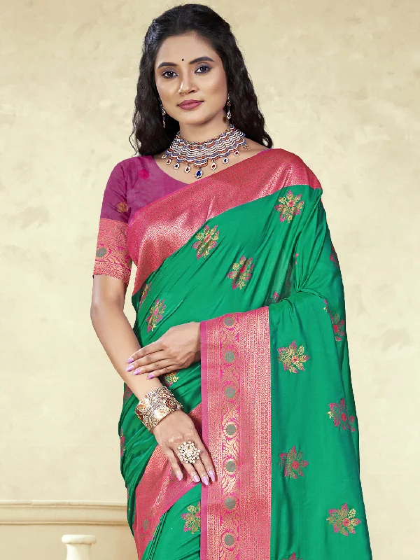 Women Green Silk Saree With Un Stitched Blouse Puff Sleeve Blouse