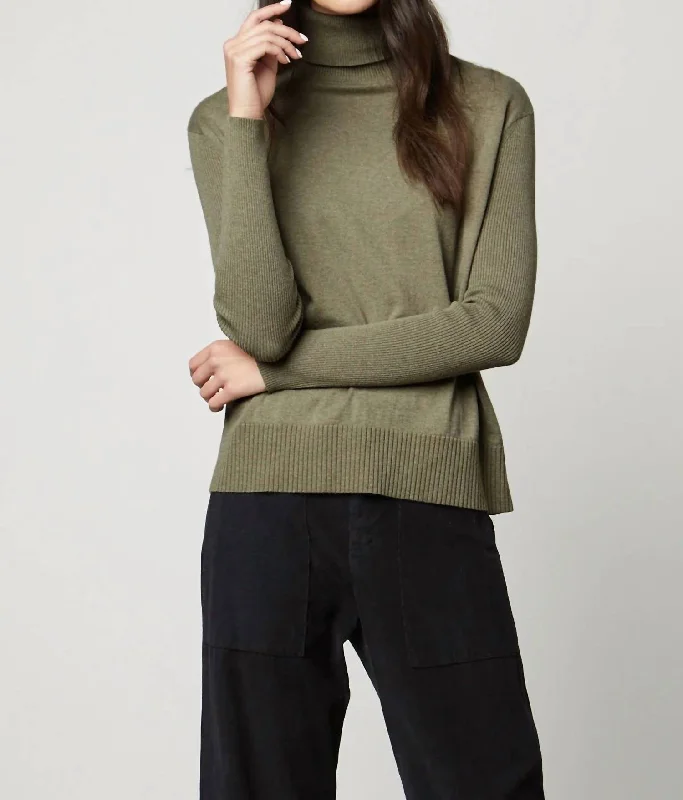 Turtleneck Sweater In Olive Satin Blend Silk Blend Wool Blend