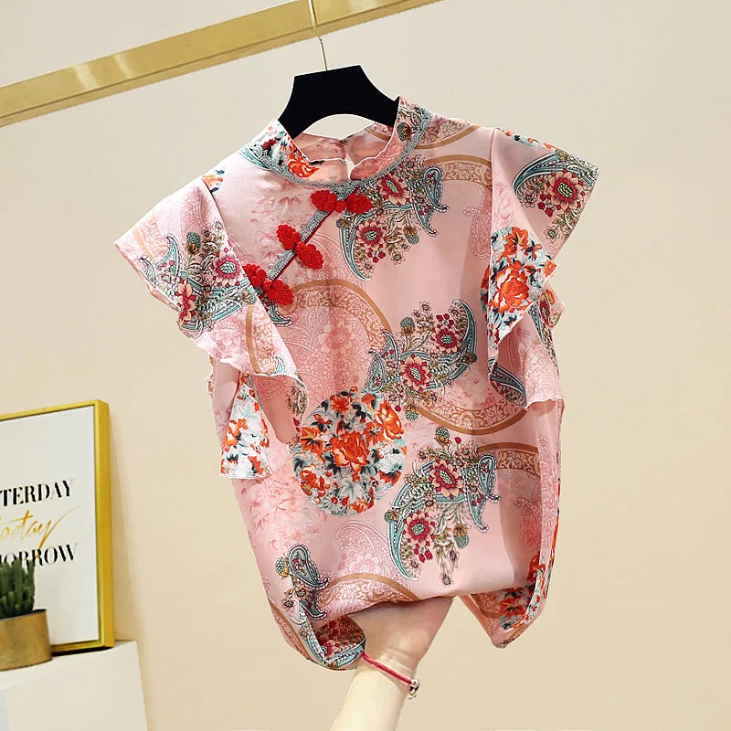 Wjczt Chinese Cheongsam Style Women Floral Chiffon Shirt 2022 Summer Blouse Ruffles Short Sleeve Shirts Tops Blusas A3252 Embellished Collar Blouse