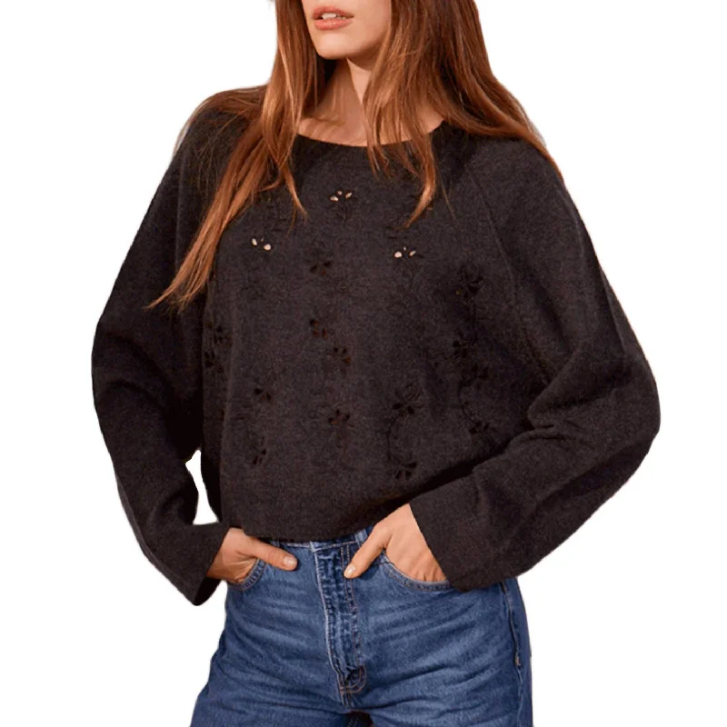 Miriam Embroidered Wool Sweater In Dark Grey Melange Bright Pastel Dark