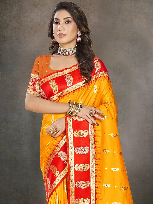 Women Yellow Silk Saree With Un Stitched Blouse Soft Satin Blouse