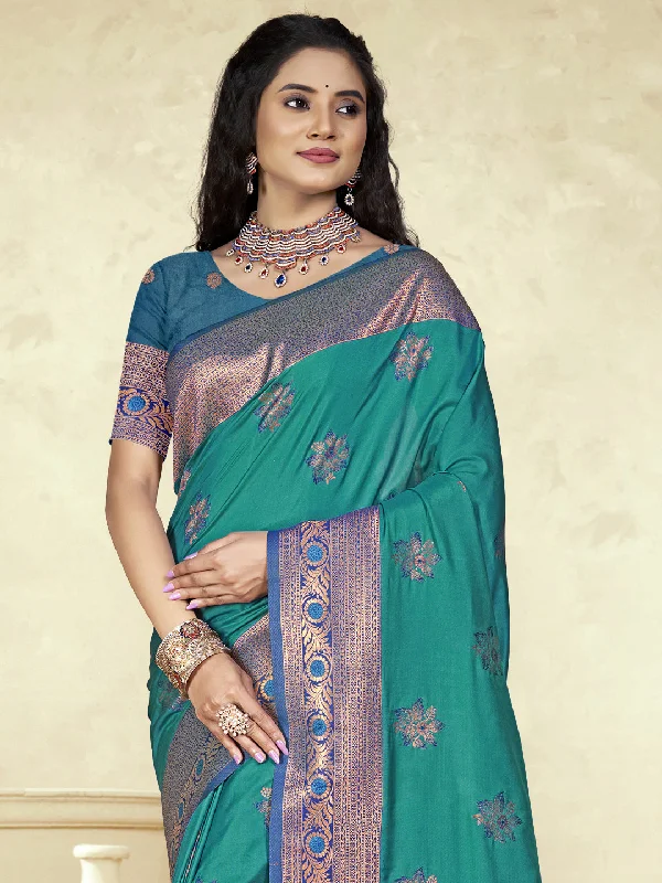 Women Sky Blue Silk Saree With Un Stitched Blouse Casual Button Blouse