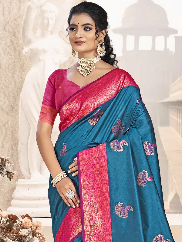 Women Blue Silk Saree With Un Stitched Blouse Pleated Collar Blouse