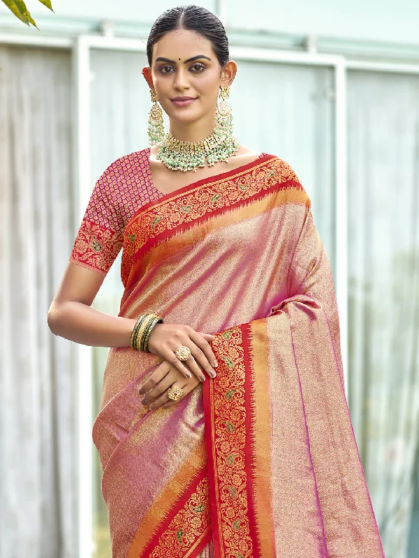 Women Pink Silk Saree With Un Stitched Blouse Slim Fit Blouse