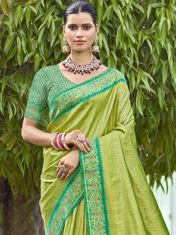 Women Light Green Silk Saree With Un Stitched Blouse Peter Pan Blouse