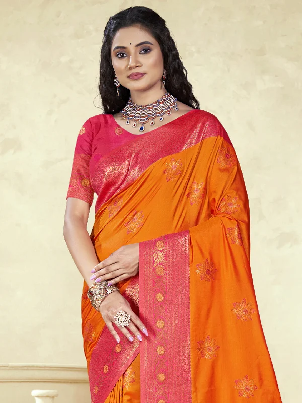 Women Orange Silk Saree With Un Stitched Blouse Office Formal Blouse