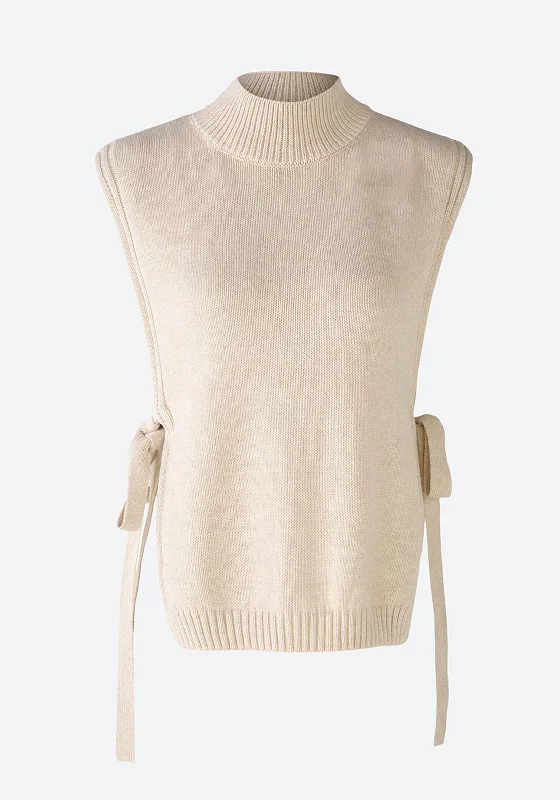 Oui Tie Side Knitted Sweater Vest, Light Beige Notch Collar Peter Pan Collar Cowl Neck