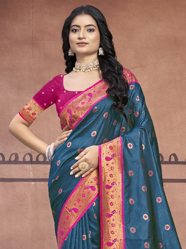 Women Rama Silk Saree With Un Stitched Blouse Soft Knit Blouse
