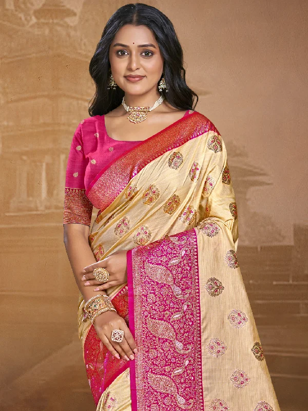 Women Beige Silk Saree With Un Stitched Blouse Slim Fit Blouse