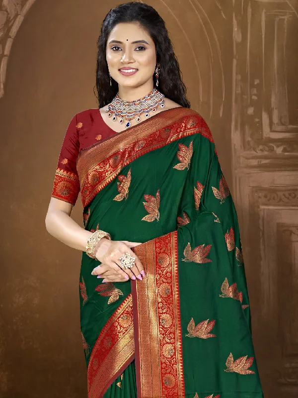 Women Bottle Green Silk Saree With Un Stitched Blouse Elegant Silk Blouse