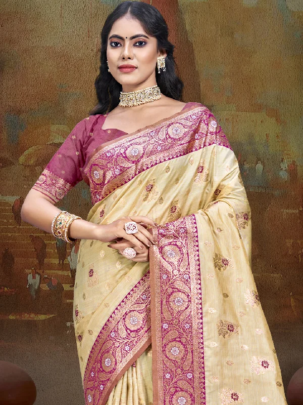 Women Beige Silk Saree With Un Stitched Blouse Sleeveless Chiffon Blouse