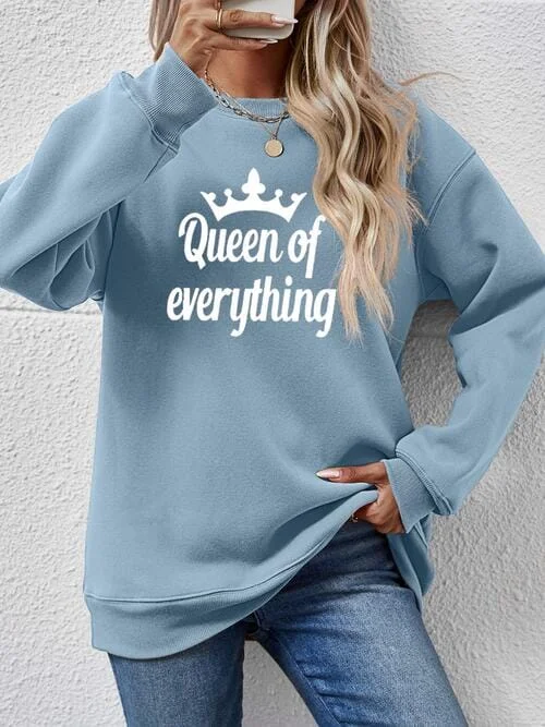 QUEEN OF EVERYTHING Round Neck Sweatshirt Zip Hoodie Drawstring Kangaroo Pocket