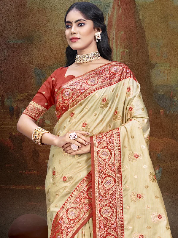 Women Beige Silk Saree With Un Stitched Blouse Versatile Layering Blouse