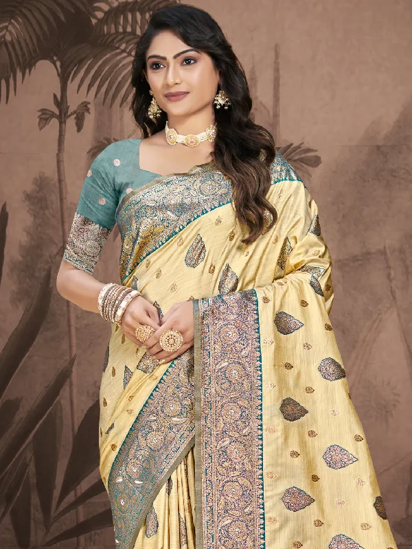 Women Beige Silk Saree With Un Stitched Blouse Floral Print Blouse