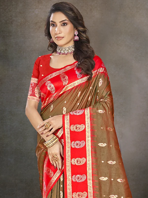 Women Brown Silk Saree With Un Stitched Blouse Drape Neck Blouse