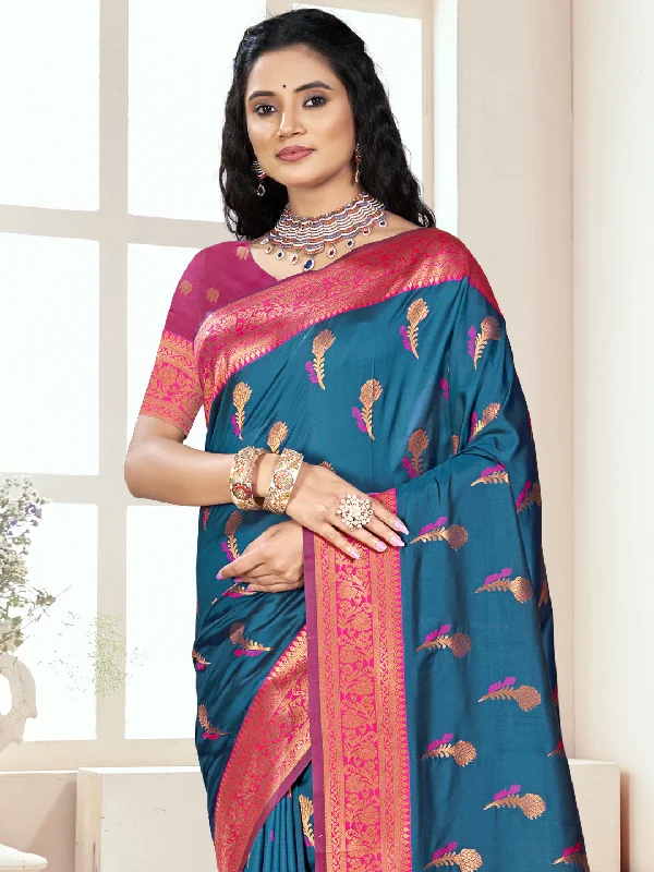 Women Blue Silk Saree With Un Stitched Blouse Side Tie Blouse