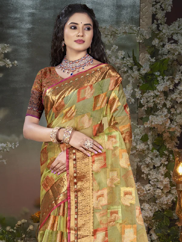 Women Olive Green Chanderi Saree With Un Stitched Blouse Delicate Bow Blouse