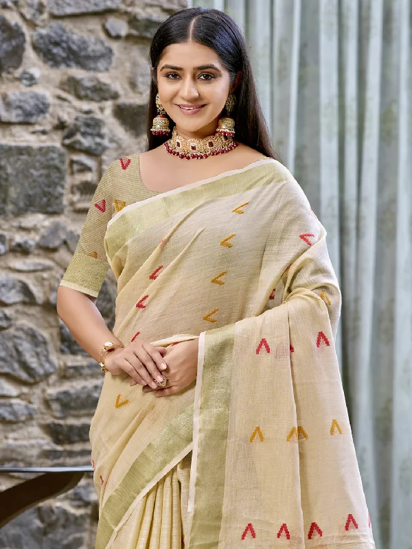 Women Beige Cotton Saree With Un Stitched Blouse Side Tie Blouse