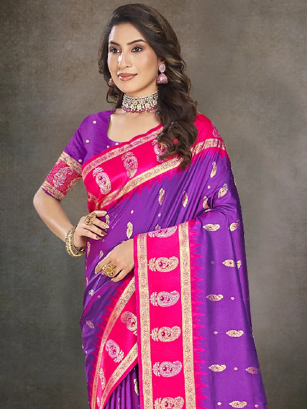 Women Purple Silk Saree With Un Stitched Blouse Chic Ruffle Blouse