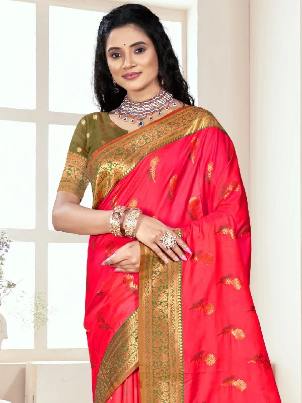 Women Pink Silk Saree With Un Stitched Blouse Chic Sleeveless Blouse