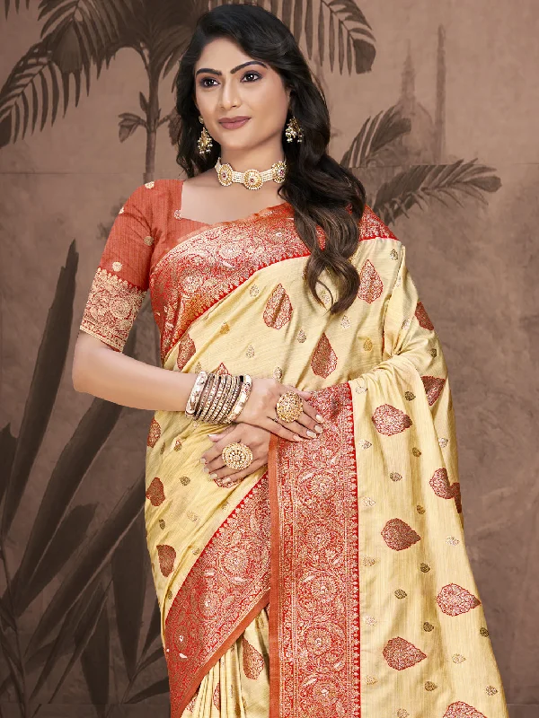 Women Beige Silk Saree With Un Stitched Blouse Lightweight Chiffon Blouse