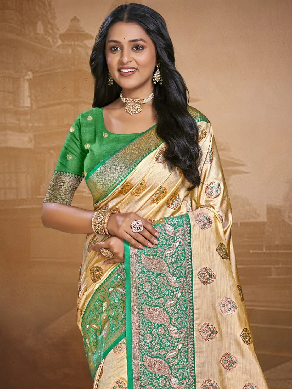 Women Beige Silk Saree With Un Stitched Blouse Pleated Collar Blouse
