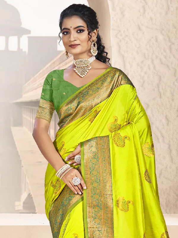Women Parrot Green Silk Saree With Un Stitched Blouse Vintage Polka Blouse