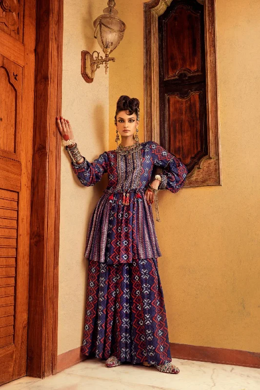 Blue Printed  & Embroidered Pant set Relaxed Fit Trousers