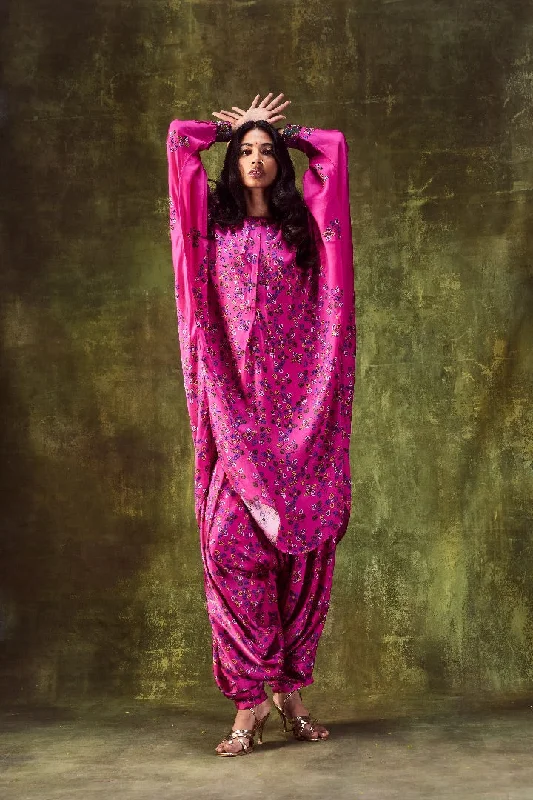 Pink Printed Loose Dress Paired With Cowl Pants Formal Slim Pants