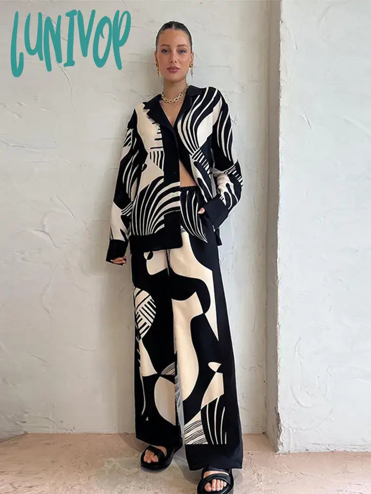 Lunivop Women Digital Printed Two-piece Set Chic Lapel Long Sleeved Top Loose Straight Leg Pants Suit Fashion Lady High Streetwear Casual Skinny Fit Pants Lunivop Women Digital Printed Two-piece Set Chic Lapel Long Sleeved Top Loose Straight Leg Pants Suit Fashion Lady High Streetwear Casual Skinny Fit Pants