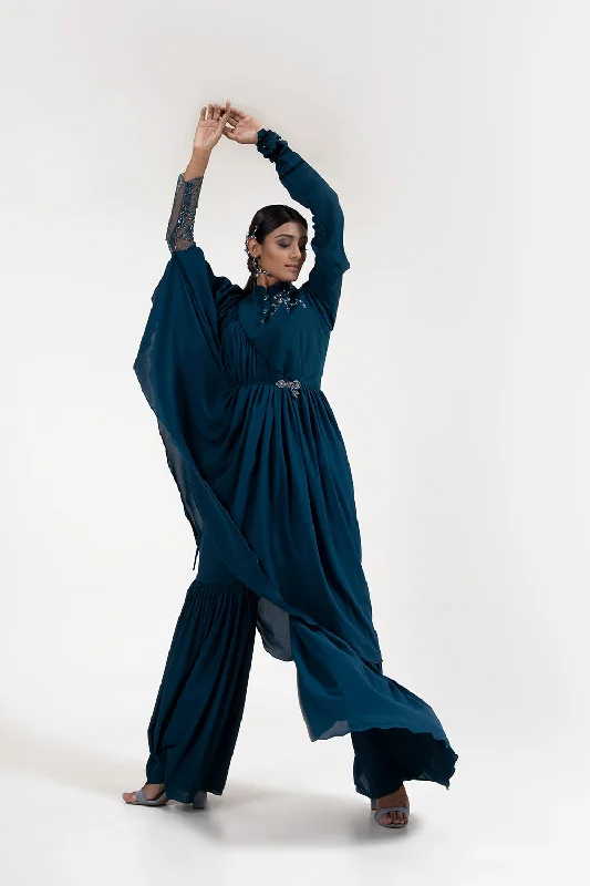 Teal Blue Pant Set Elegant Palazzo Trousers