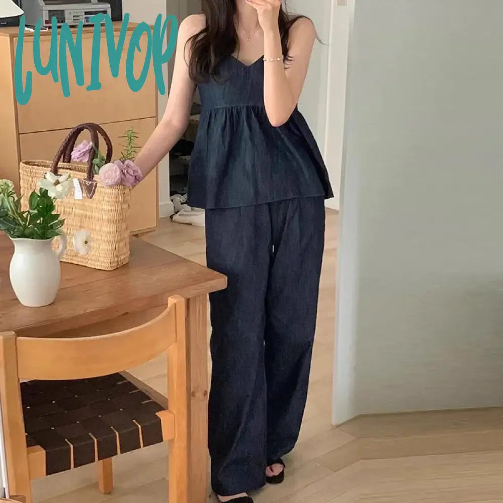 Lunivop Summer Fashion Shirred Plain V-Neck Sleeveless Top Wide Leg Pants Sets Korean Series Casual Style Two Piece Sets Womens Outifits Classic Pleated Pants Lunivop Summer Fashion Shirred Plain V-Neck Sleeveless Top Wide Leg Pants Sets Korean Series Casual Style Two Piece Sets Womens Outifits Classic Pleated Pants