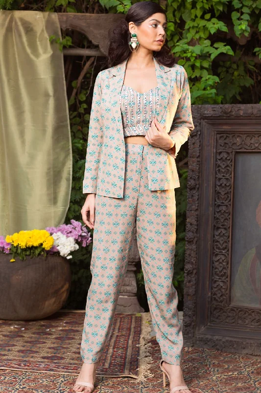 Grey And Teal Printed Pant Suit Wide-Legged Palazzos