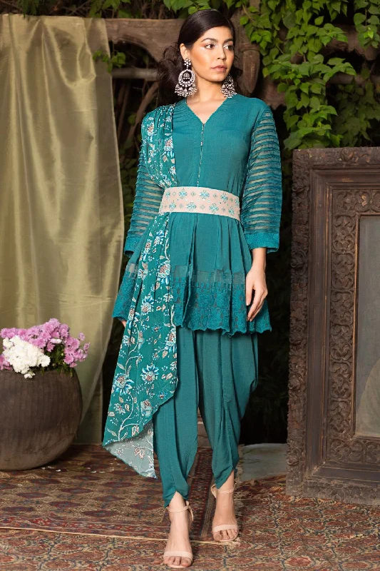 Teal Tunic With Dhoti Pants Relaxed High-Waist Trousers