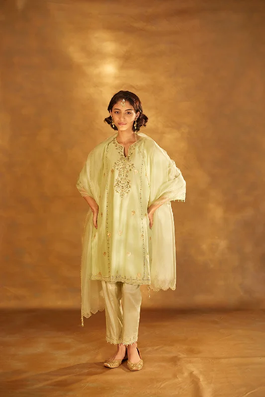 Embroidered Chanderi Kurta, Silk Pants & Organza Dupatta Soft Wool Pants