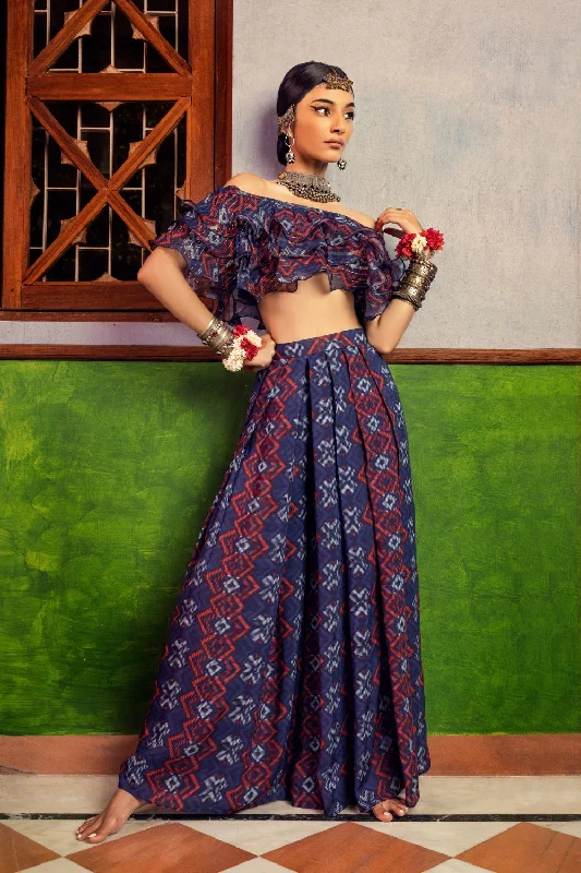 Blue Printed Ruffles Top & Pant set Classic Straight-Leg Pants