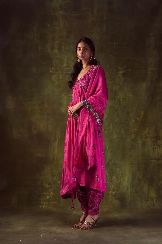 Pink Printed Anarkali & Cowl Pants Classic Straight Pants